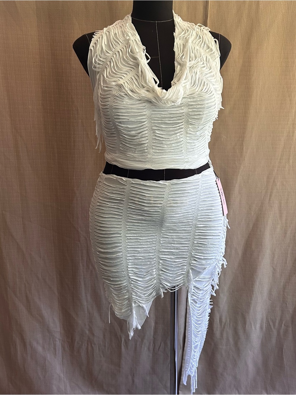 Micas Distressed Halter Cami Top And Asymmetrical Mini Skirt Set WHITE